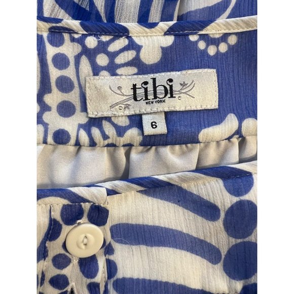 Anthropologie Tibi Silk Dress 6 Blue Ivory Short Sleeve Relaxed Fit Shift Flowy - Picture 12 of 15